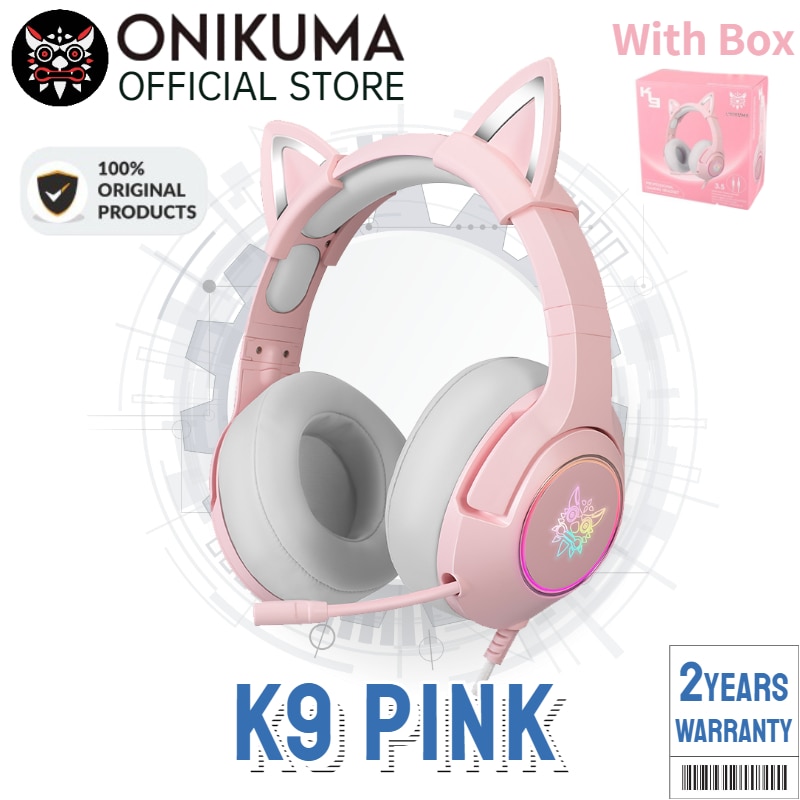 Fone de ouvido de gato - rosa Onikuma K9 com microfone para jogos e cancelamento de ruído com luz LED